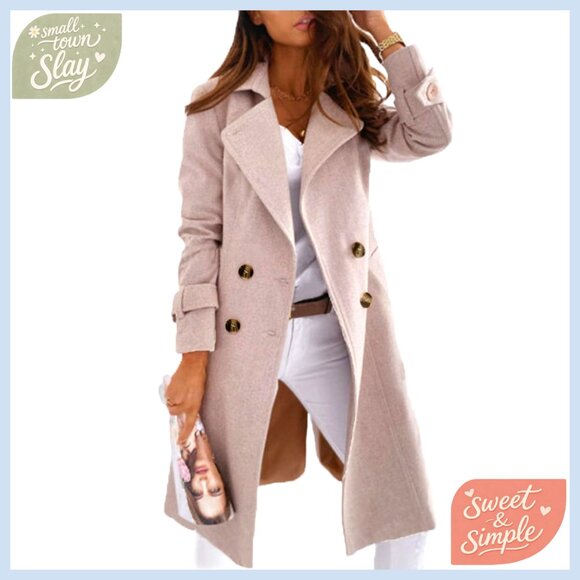 Elegant Double Breast Wool Blend Pea Coat Long Winter Jacket Overcoat Classic